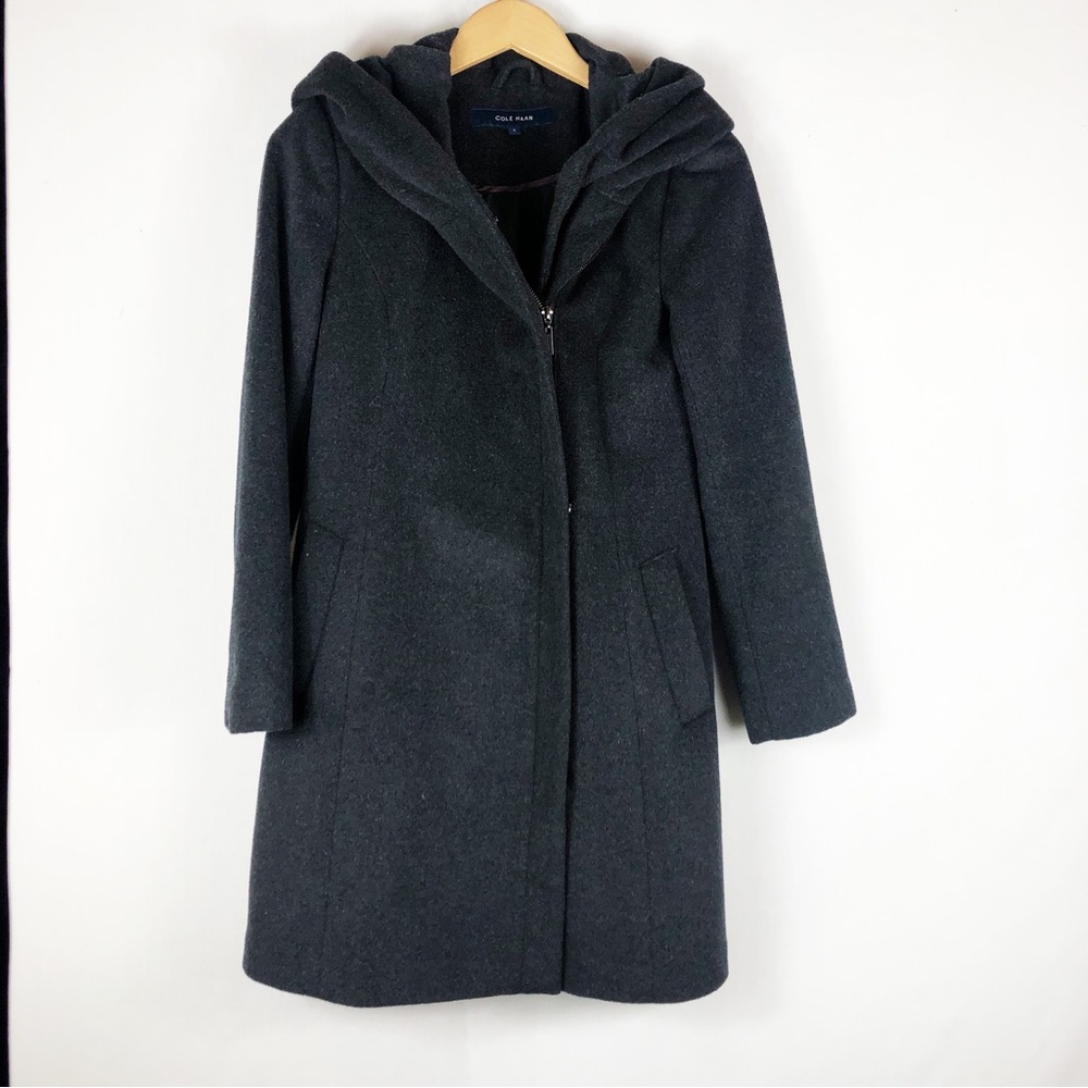 Cole Haan Hooded Lined Wool Trench Coat | Dark Grey | Size 4